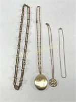 (4) Gold Toned Costume Necklaces: Locket & Avon