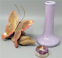 Copper Butterfly Sculpture on Wood & Purple Vase
