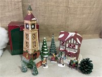 Christmas village clock tower, house, more