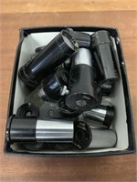 Box with 11 oculars and 7 objectives (Zeiss, Reich
