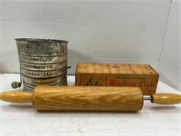 WINDSOR CHEESE BOX, ROLLING PIN & FLOUR SIFTER