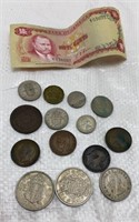 Jamaican fifty cents bill and foreign coins