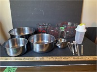 Assorted measuring cups & spoons & 3 metal bowls