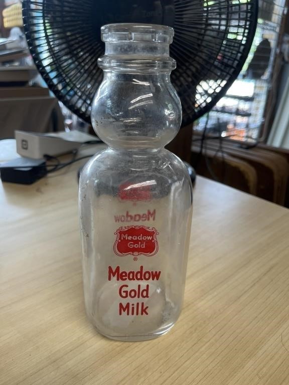 Meadow gold glass, milk bottle