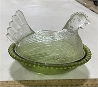 Glass hen on a nest - clear/ green 7in x 6in