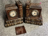 Wooden Fake  Books With Clock Bookends