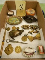 Flat of Costume Jewelry Pieces, Tokens, Compact,