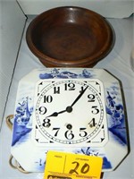 GERMAN BLUE AND WHITE WALL CLOCK, TURNED WOOD