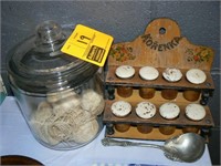 ANTIQUE POLISH SPICE JARS AND RACK, SILVERPLATE