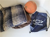Chevrolet bag, basketball, and blankets
