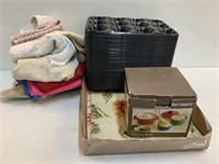 Plastic Muffin Trays, Crock, Place Mats, Towels