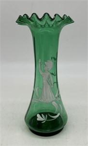 Mary Gregory Hand Painted Green Glass Vase