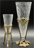 Pair Crakle Glass & Brass Vases