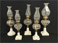 5 Antique Oil Lamps with Milk Glass Bases