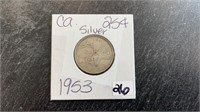 1953 Canadian 25 Cent Silver Coin