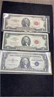 Currency: (2) $2 Red Seal US Notes, $1 *Star