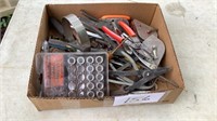 Box of chalk lines, pliers, oil wrench, combo