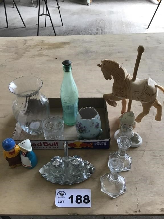 SALT AND PEPPER SHAKERS, CANDLE HOLDER, WOOD HORSE