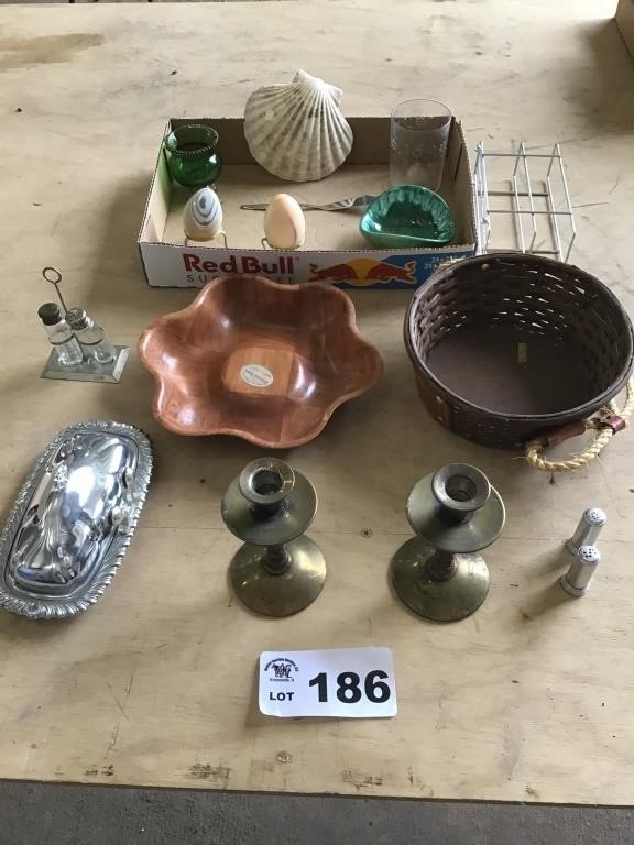 CANDLE HOLDERS, BUTTER DISH, SALT AND PEPPER