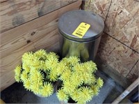 Stainless Trash Bin & Decorative Flowers In Pots