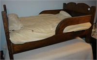 Wooden Walnut Stained Doll Bed with Mattress and
