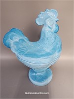 Contemporary Blue Milk Glass 9"H. Pedestal Rooster
