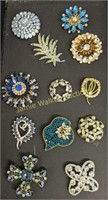 12 Costume Jewelry Brooches. Aurora Borealis,