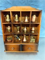 SET 12 VINTAGE MINI BRASS POTS In WOODEN DISPLAY