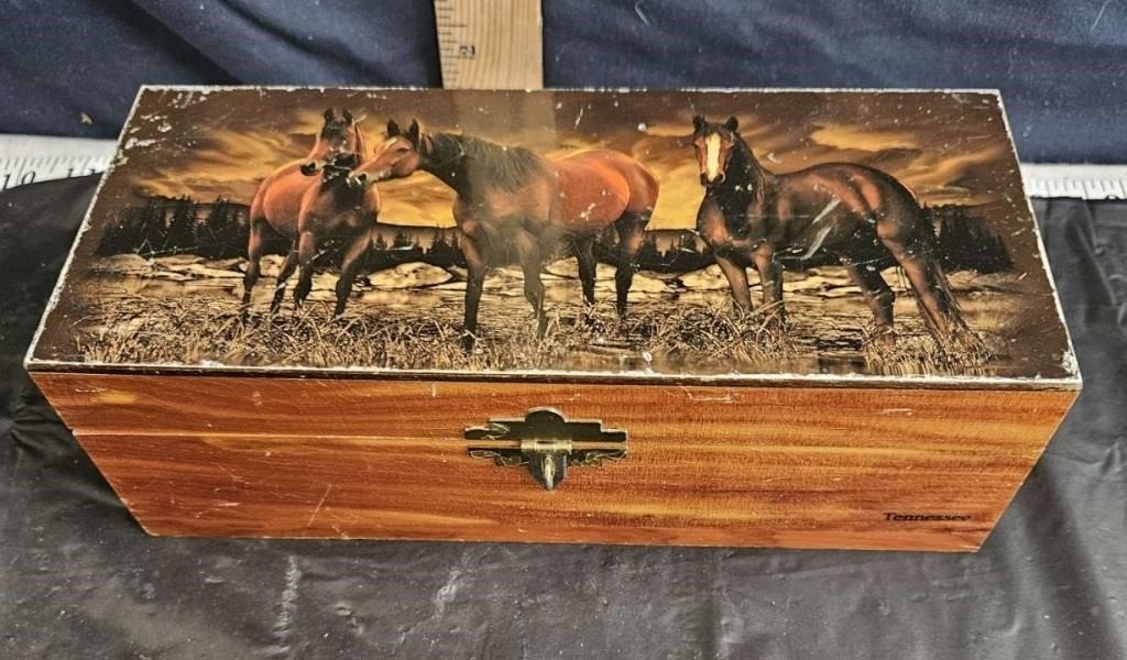 wood cedar box with lock & key horses on it