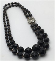 Black Glass Beaded Necklace W Sterling Clasp