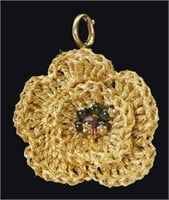 14K Yellow gold crocheted floral pendant with
