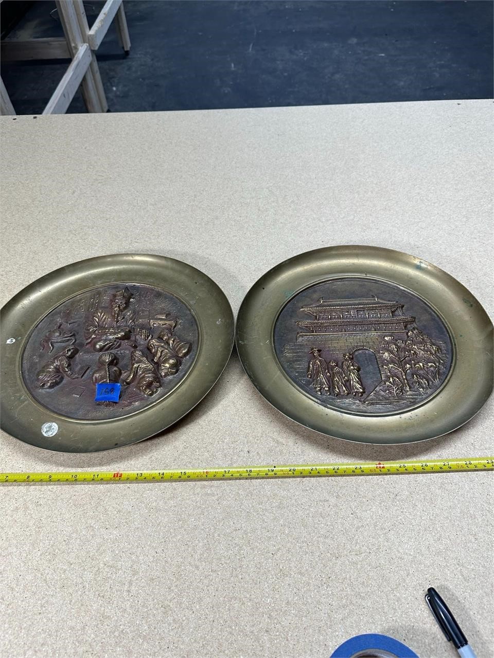 Two Vintage Brass Chinese Wall Plates  Scenes