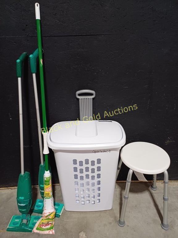 Rolling Trashcan, Stool, & (3) Mops