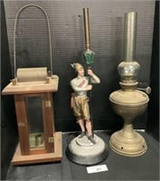 Brass Oil Lamp, Figural Soldier, Wooden