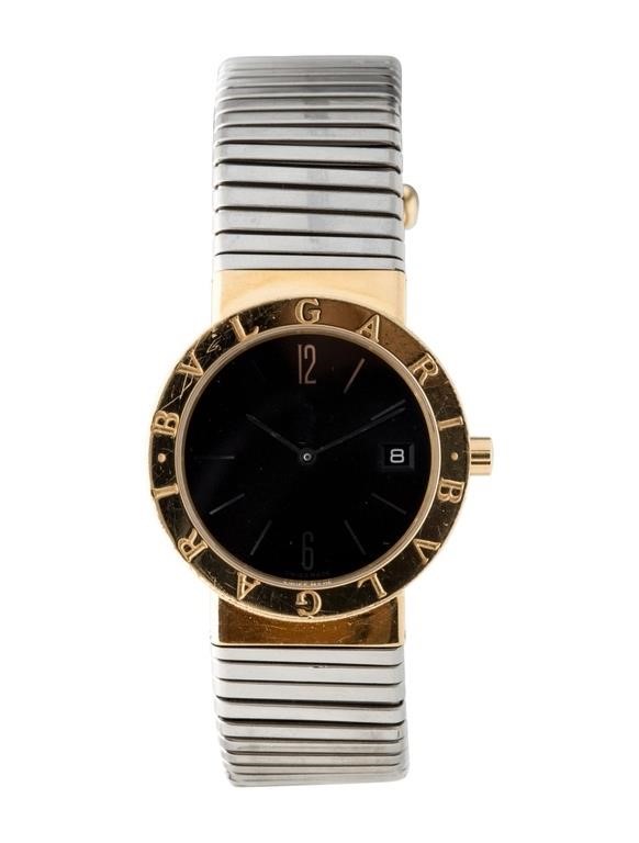 18k Gold Ss Bvlgari Black Dial Quartz Watch 33mm