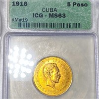 1916 Cuban Gold 5 Peso ICG - MS63