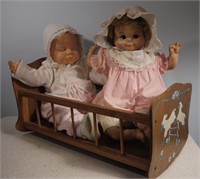 Wooden "Mary Had a Little Lamb" Cradle & 2 Dolls-