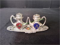 Vintage Metal Teapot Salt & Pepper Shakers on Tray