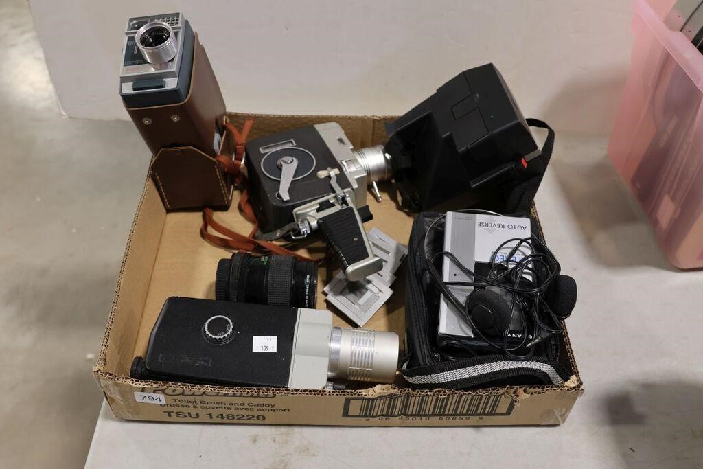 VINTAGE 8MM CAMERAS, POLAROID CAMERA AND WALKMAN