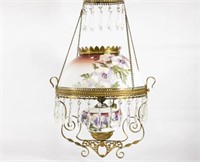 Victorian Brass Hanging Oil Lamp w Painted Shade