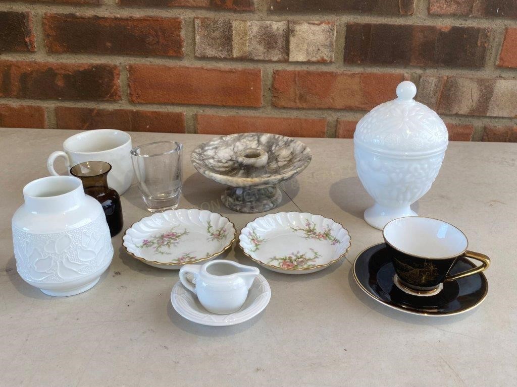 Milk Glass Compote, Teacup, Mug, Saucers etc