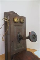 Antique  Hand Crank Oak Telephone w Guts