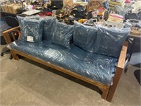 Teak wood patio couch - teal cushions