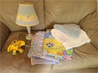 Vintage Baby Lot including Lamp, bank, 4 blankets