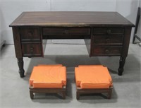 Vtg Desk W/Two Small Ottomans See Info