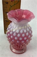 Fenton cranberry opalescent hobnail vase, English