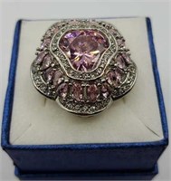 Large Pink Crystal Statement Ring Sz 6