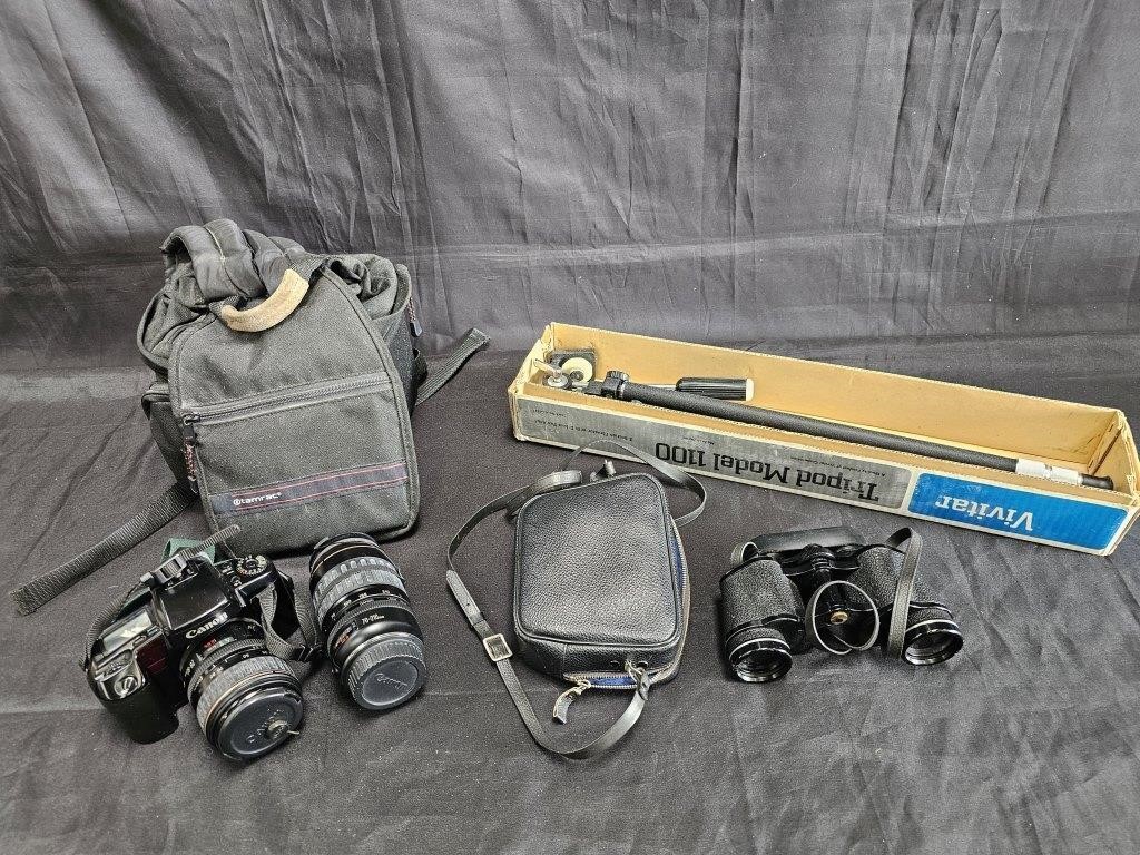 Group of vintage camera equipment with Canon EOS