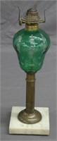 Green Blown Art Glass Oil Lamp w/Marble Base