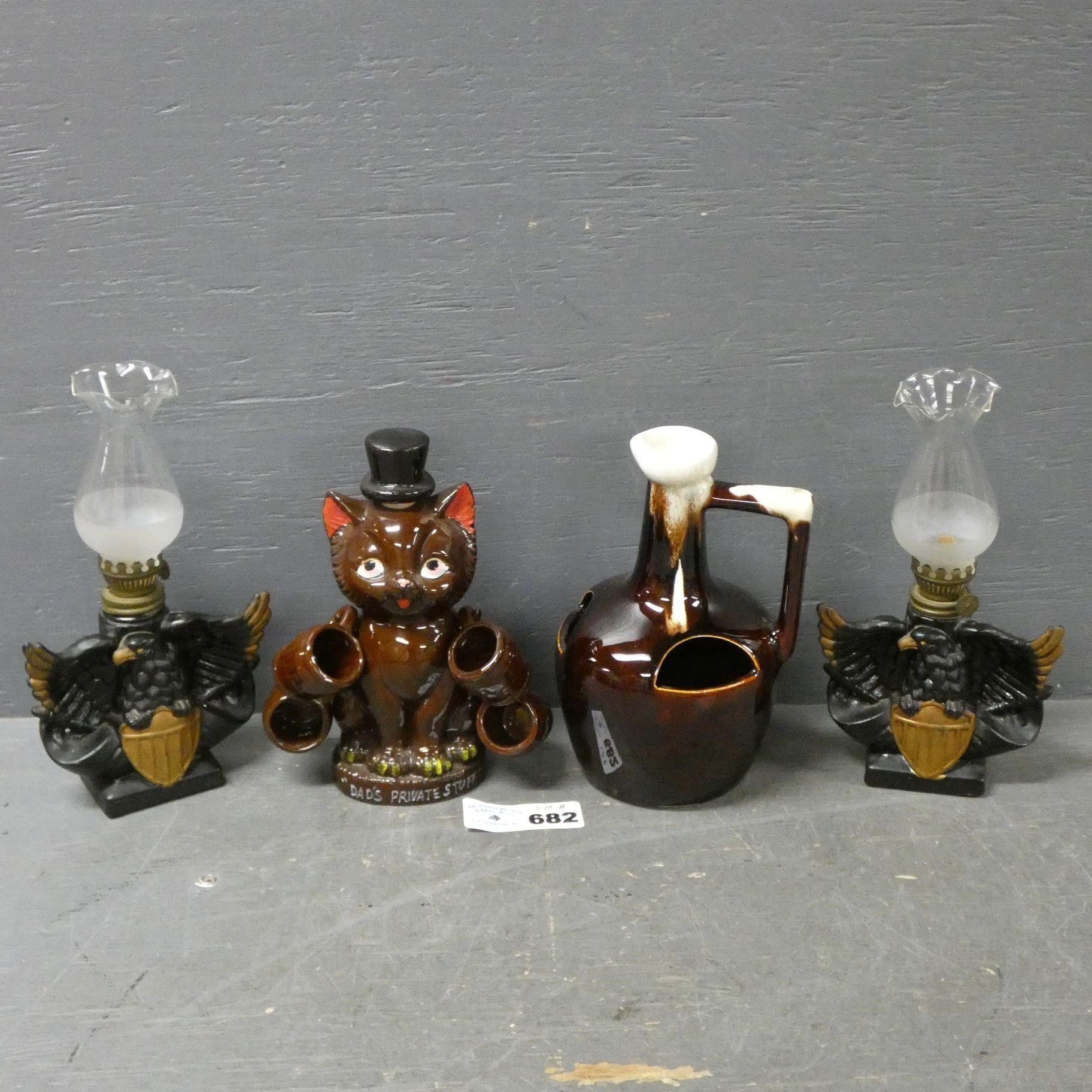 Pottery Decanter Set, Kerosene Lamps, Etc